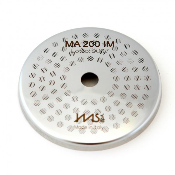 IMS MA 200 IM precizní sítko sprchy hlavy kávovaru ø 56.5 mm se středovým otvorem 7mm, 98 otvorů ø 3mm, Aisi 316 Stainless Steel, Food Safe Certified, integrovaná membrána 200 µM