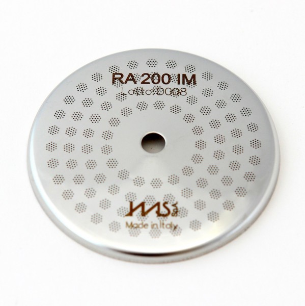 IMS RA 200 IM precizní sítko sprchy hlavy kávovaru ø 57 mm se středovým otvorem 5,5mm, 98 otvorů ø 3mm, Aisi 316 Stainless Steel, Food Safe Certified, integrovaná membrána 200 µM