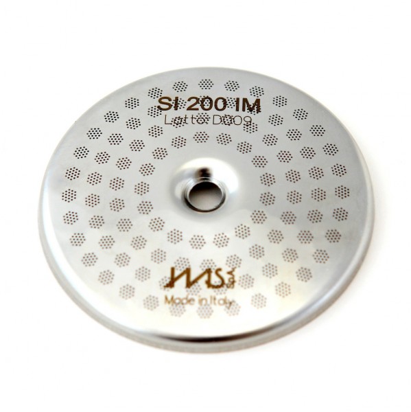 IMS SI 200 IM precizní sítko sprchy hlavy kávovaru ø 56.5 mm se středovým otvorem 6mm, 98 otvorů ø 3mm, Aisi 316 Stainless Steel, Food Safe Certified, integrovaná membrána 200 µM