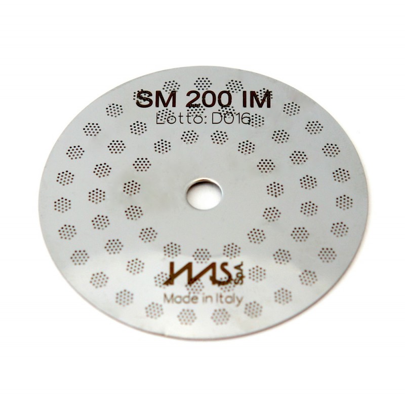 IMS SM 200 IM precizní sítko sprchy hlavy kávovaru ø 48 mm se středovým otvorem 5mm, 63 otvorů ø 3mm, Aisi 316 Stainless Steel, Food Safe Certified, integrovaná membrána 200 µM