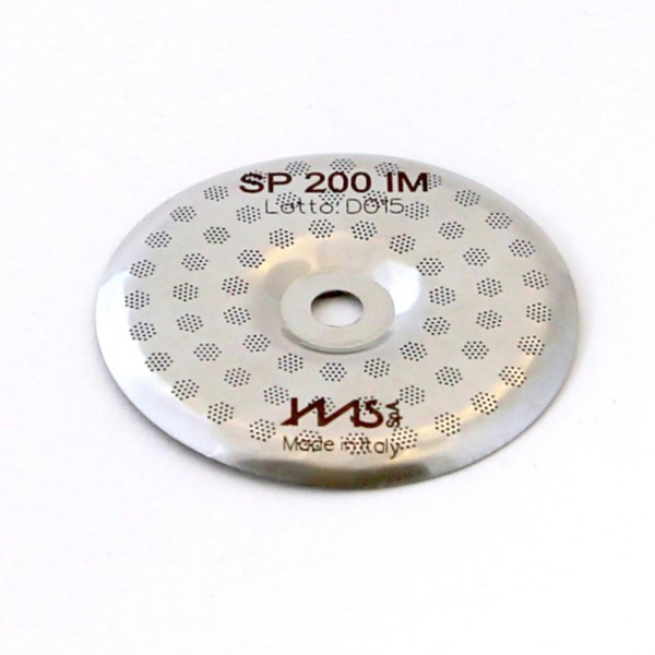 IMS SP 200 IM + SPD 200 IM precizní set sítek sprchy hlavy kávovaru ø 48.4 mm se středovým otvorem 5mm, 63 otvorů ø 3mm, Aisi 304 Stainless Steel, Food Safe Certified, integrovaná membrána 200 µM